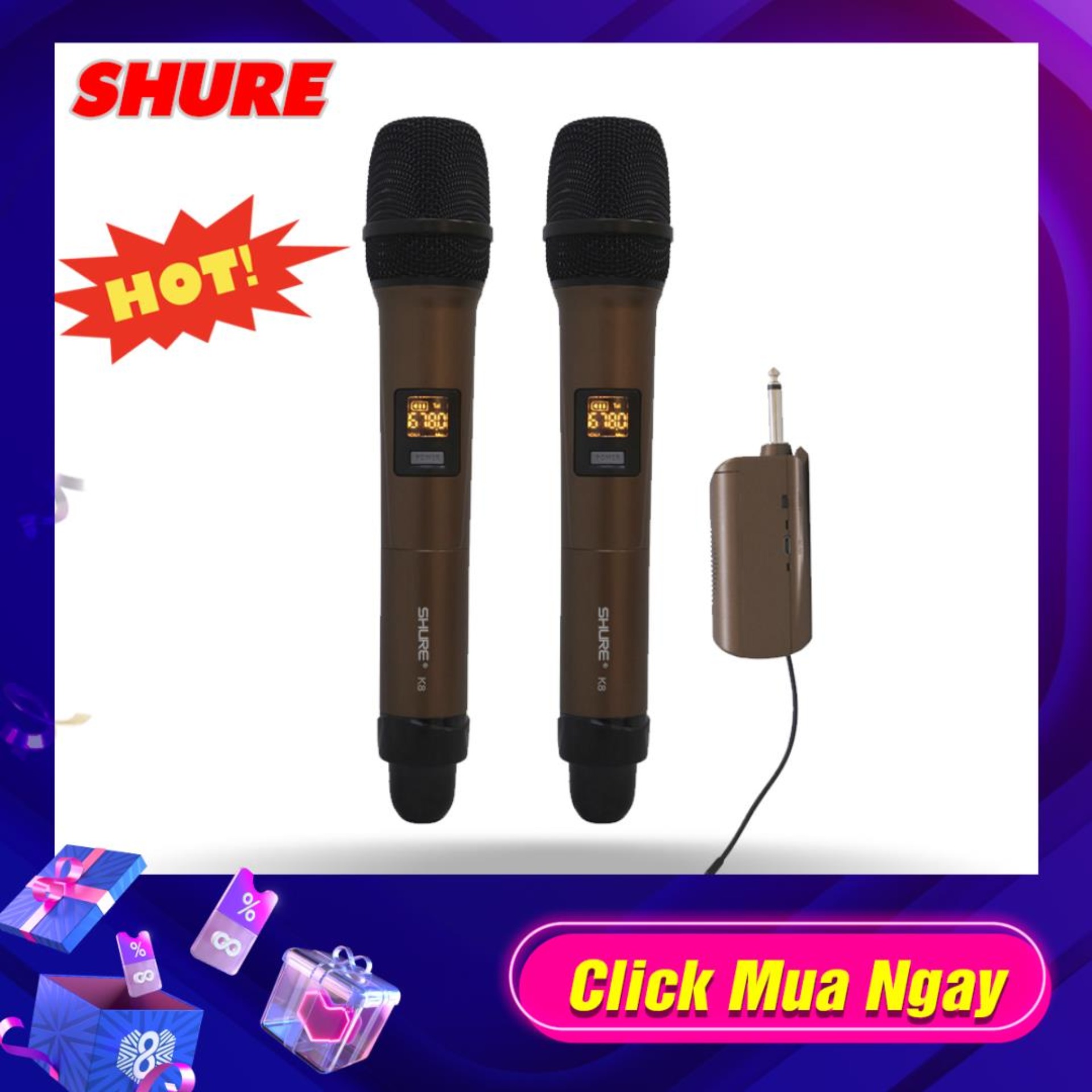 Bộ 2 Micro Uhf Đa Năng Không Dây Shu re K8 Kèm 2 Chống Lăn Micro, Pin Sạc cho đầu thu