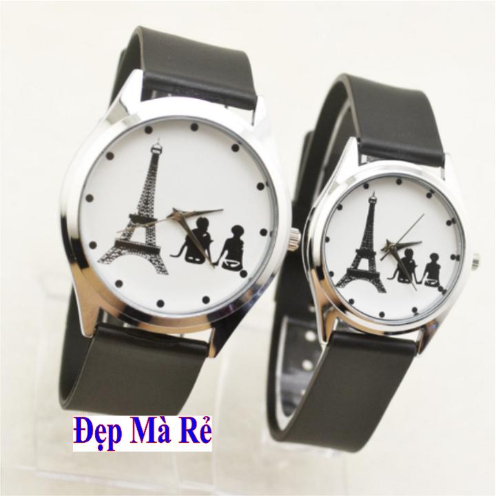 ( Tặng thêm 2 viên pin trị giá 40k ) Đồng hồ cặp mặt hoạt tiết tháp tình nhân - Giá bán như trên là 2 chiếc như hình