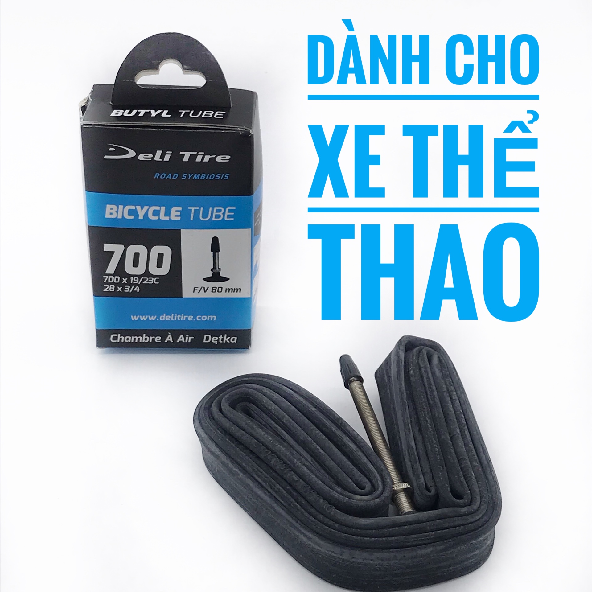 Săm ruột xe đạp thể thao Deli Tire 700X19/23C đầu vòi 80mm, dành cho xe đạp đường trường, xe leo núi, sản xuất tại Indonesia