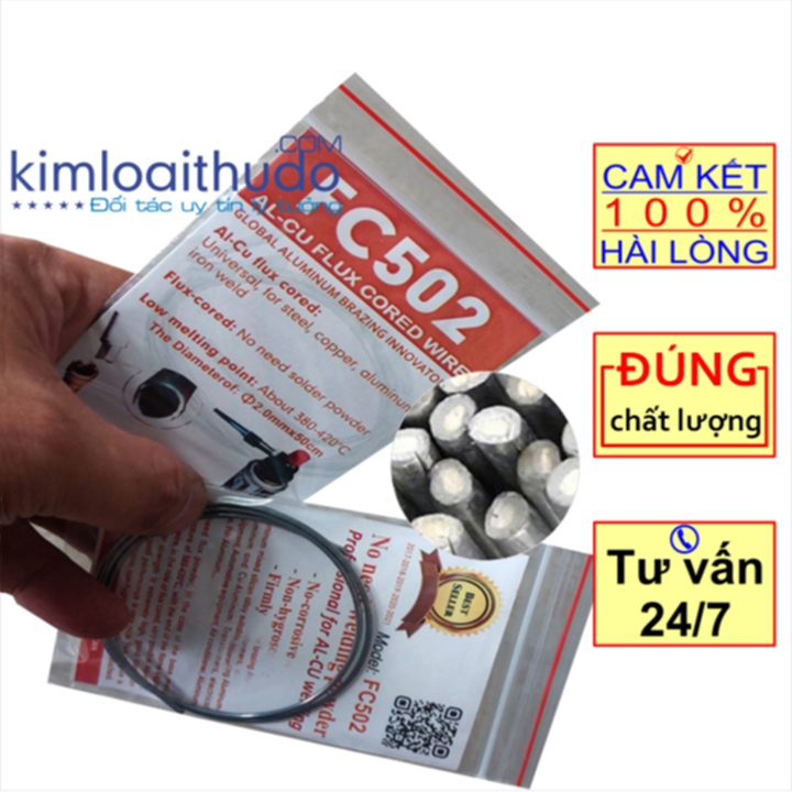 Que hàn nhôm đồng lõi thuốc FC502, hàn dàn nhôm đồng, máy biến áp, hàn nối kim loại nhôm với đồng, hàn thép với nhôm bằng hàn oxy, khò
