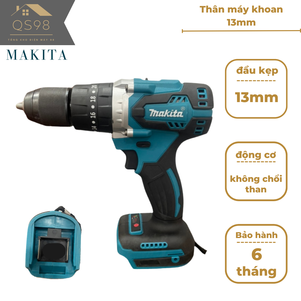 Thân máy khoan pin Makita , động cơ không chổi than, 3 chức năng khoan đầu autolock thép 13mm