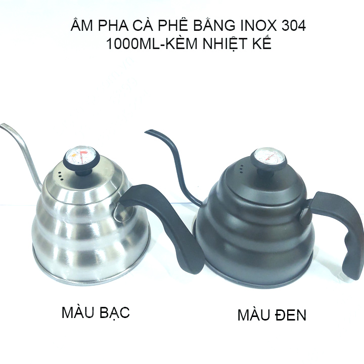 Ấm pha cà phê cổ ngỗng dung tích 1000ml làm bằng Inox 304 cao cấp, nắp có nhiệt kế