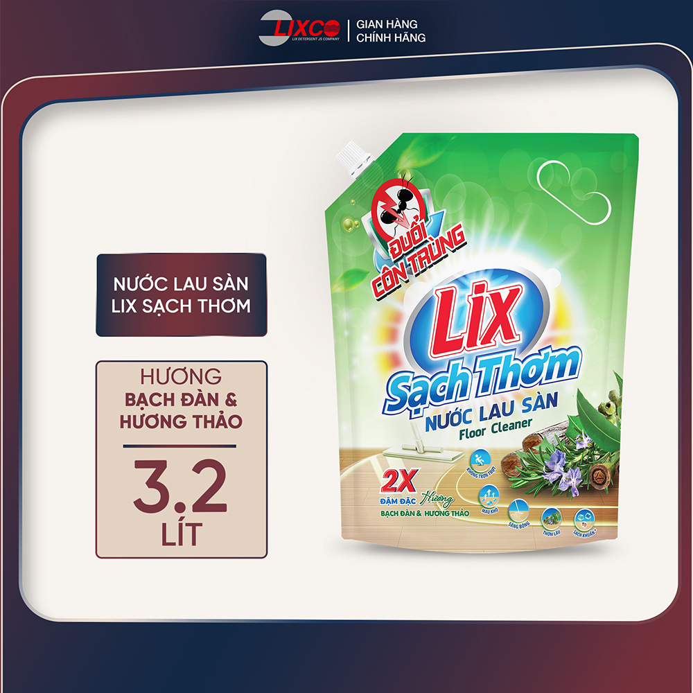 Nước lau sàn Lix sach thơm hương bạch đàn và hương thảo túi 3,2L 18103