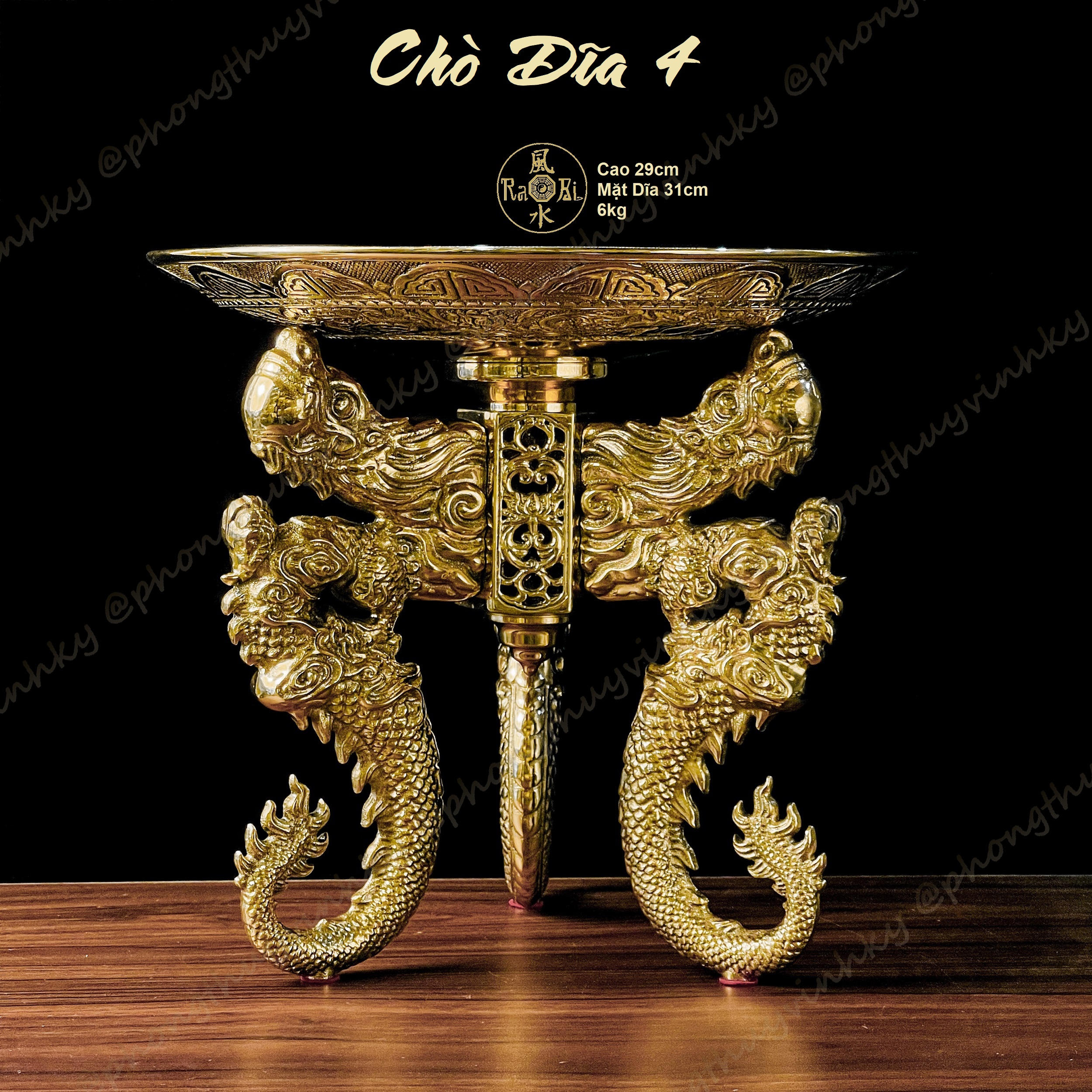 Chò 3 Chân Rồng + Dĩa 31CM - Vật Phẩm Vĩnh Tiến Thờ Cúng Cao Cấp