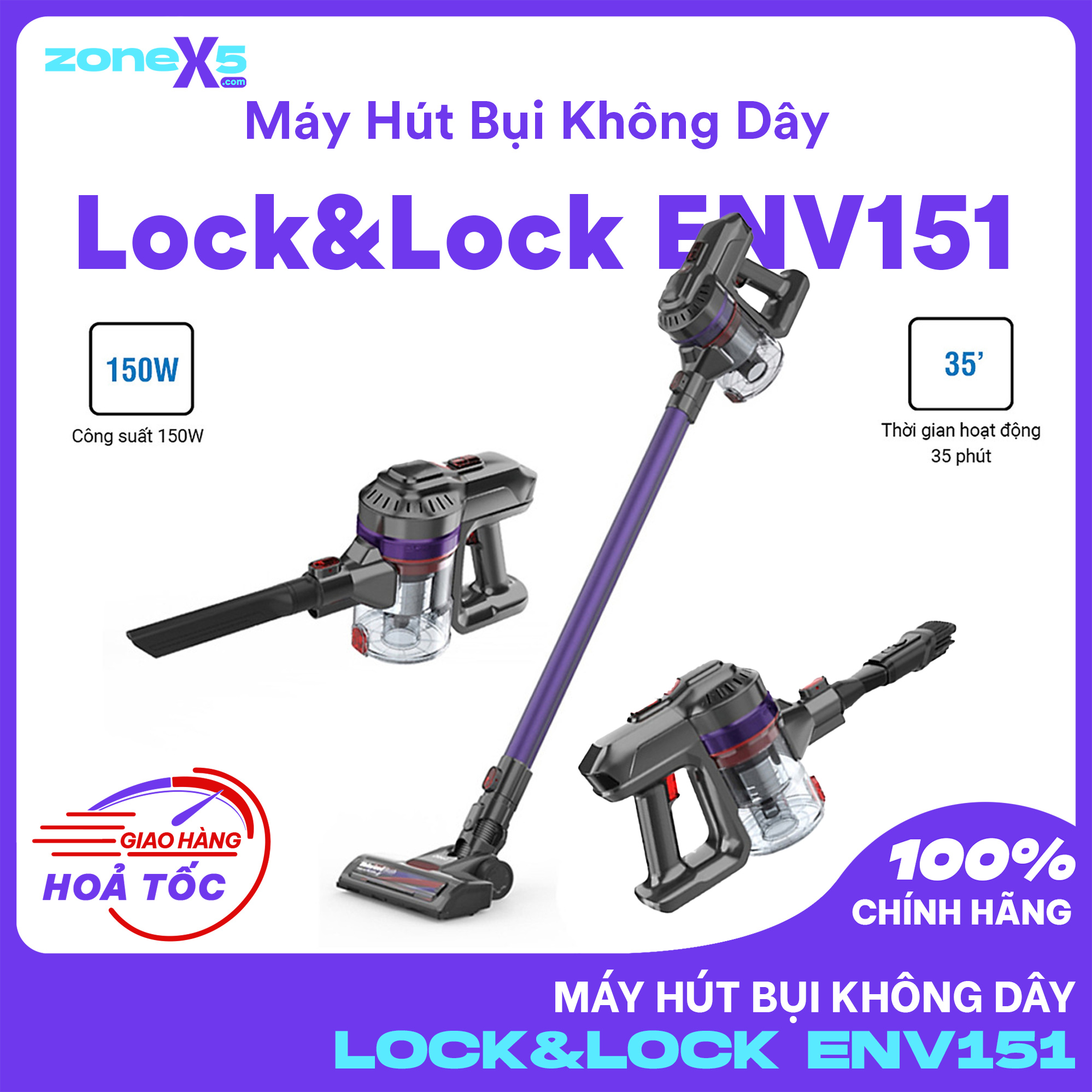 Máy hút bụi không dây dùng pin sạc lock&lock env151 - công suất 150w, sạc 1 lần dùng tới 35 phút - hàng chính hãng