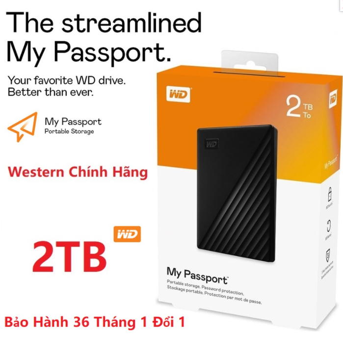 Ổ Cứng Di Động WD My Passport 2TB Chuẩn USB 3.2 Gen1 10Gbs (Phiên bản mới) Chính Hãng
