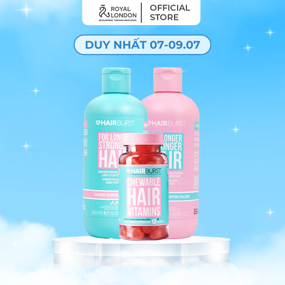Combo set gội xả + kẹo dẻo Chewable HAIRBURST kích thích mọc tóc, chắc khỏe 350ml/chai