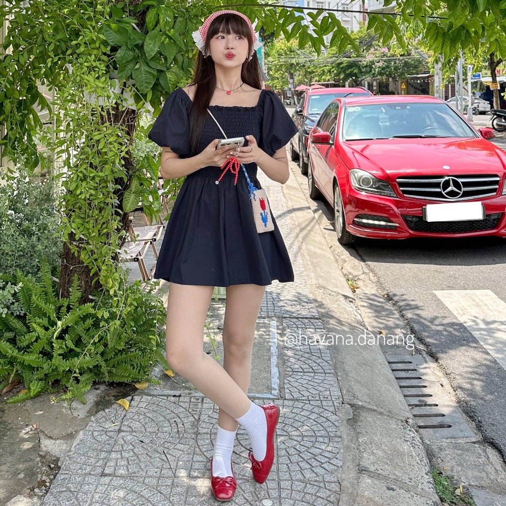 Jumsuit thô mềm cổ vuông tay bồng phối nhún phong cách dễ thương HAVANA DA142