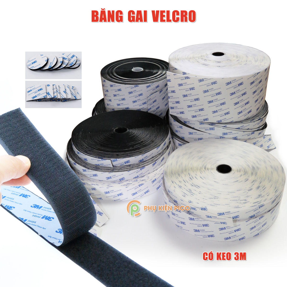  Băng gai Velcro có keo 3M Băng gai dính khóa nhám gai miếng dán vải 2 mặt dán giày túi xách quần áo các vật dụng 