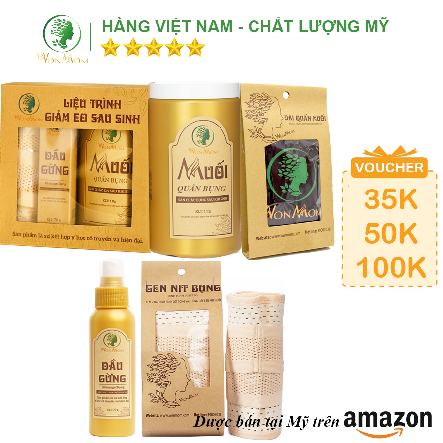 [ Giảm 50K - Đơn 479K ] Liệu Trình Thảo Dược Giảm Mỡ Bụng, Săn Chắc Eo Sau Sinh Wonmom ( 1 Hộp muối quấn bụng + 1 Dầu gừng + 1 Đai quấn muối + 1 Gen nịt bụng )