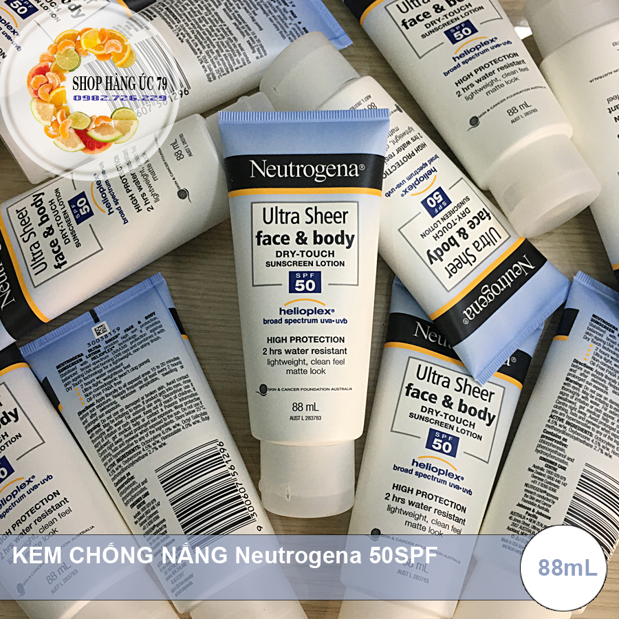 Kem chống nắng 50SPF của Úc - Neutrogena Ultra Sheer face & body DRY-TOUCH SUNSCREEN LOTION 50SPF