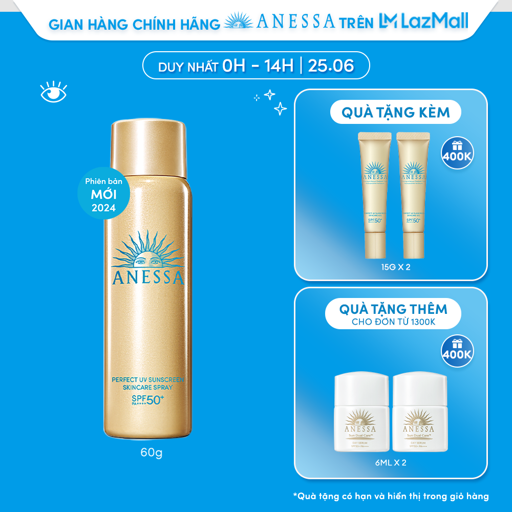 [0H-14H 25.6 | QUÀ 400K] Kem chống nắng dạng xịt dưỡng da bảo vệ hoàn hảo ANESSA Perfect UV Sunscreen Skincare Spray SPF 50+ PA++++ 60g