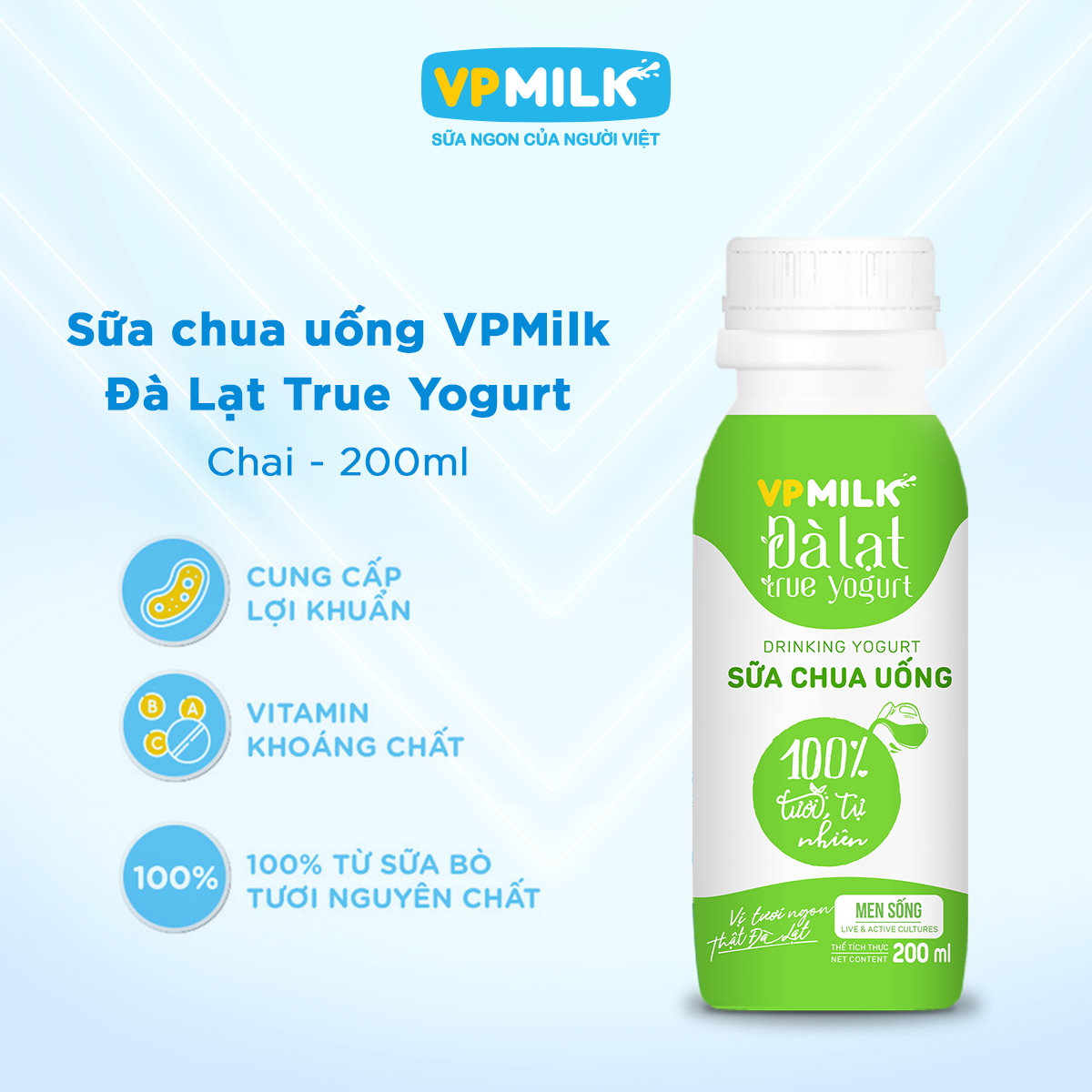 [VẬN CHUYỂN HỎA TỐC HCM] Sữa Chua Uống VPMilk Đà Lạt True Yogurt chai thể tích 200ml dùng trực tiếp hoặc pha chế thức uống