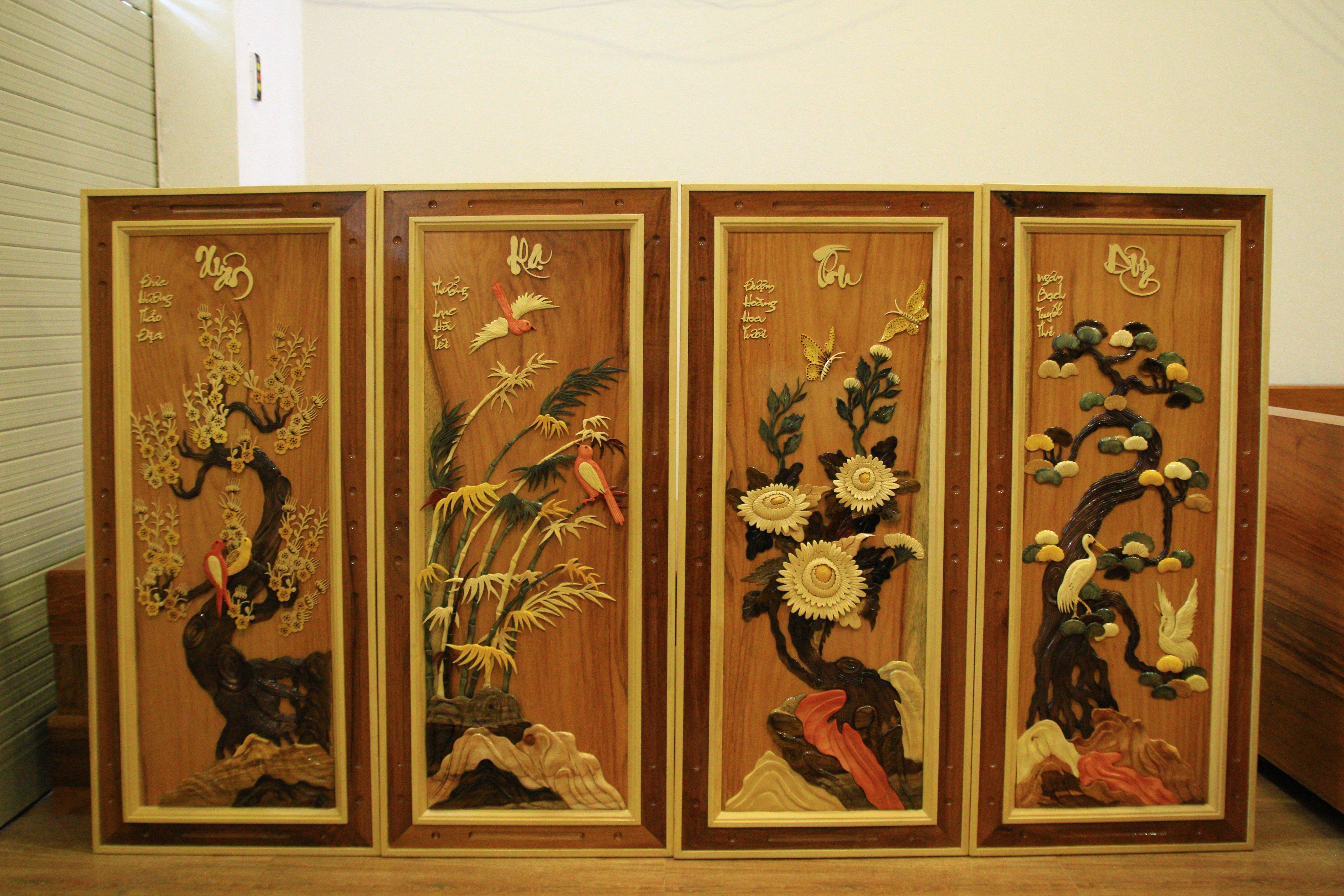 Tranh treo tường, tranh tứ quý Xuân Hạ Thu Đông gỗ Gõ đỏ