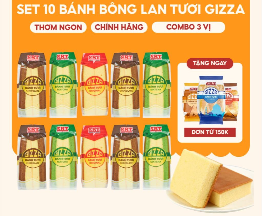 Set 10 Gói Bánh Bông Lan Tam Giác Gizza 3 Vị Thơm Ngon, Bổ Sung Dinh Dưỡng Cho Bữa Sáng, Bữa Phụ,..