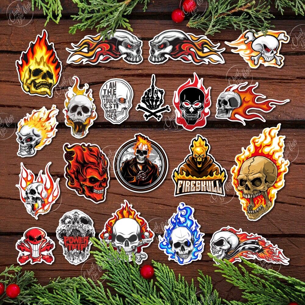 Bộ 20 sticker chủ đề Đầu Lâu lửa chất lượng cao dán xe, laptop, vali, điện thoại, đàn guita NT 26