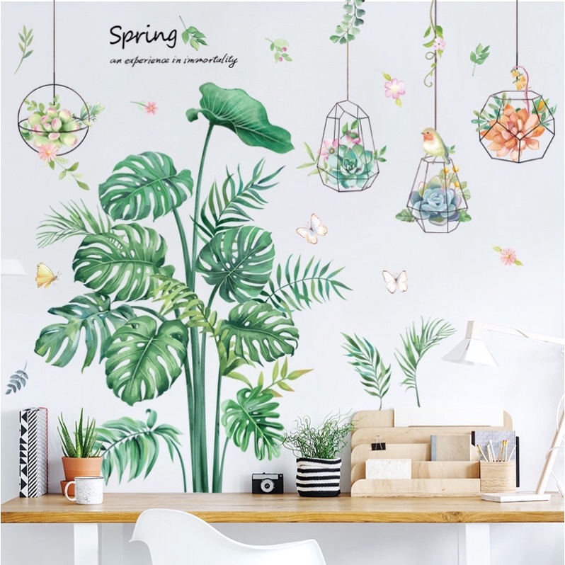 Tranh dán tường, Decal dán tường giỏ hoa cây xanh nhiệt đới