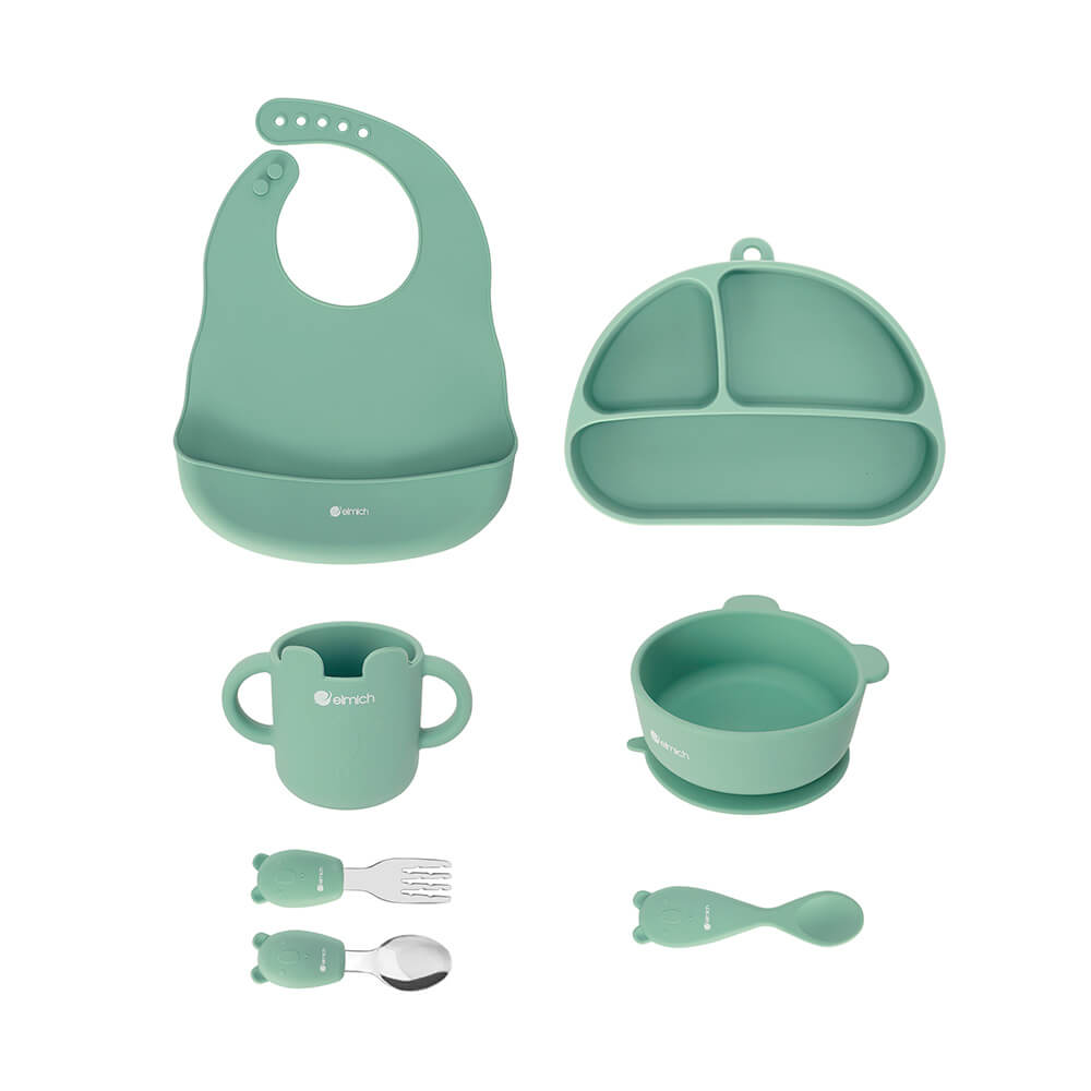 (MEGA 6.6)Bộ ăn dặm 7 món silicon cao cấp màu Hồng Elmich Babycare