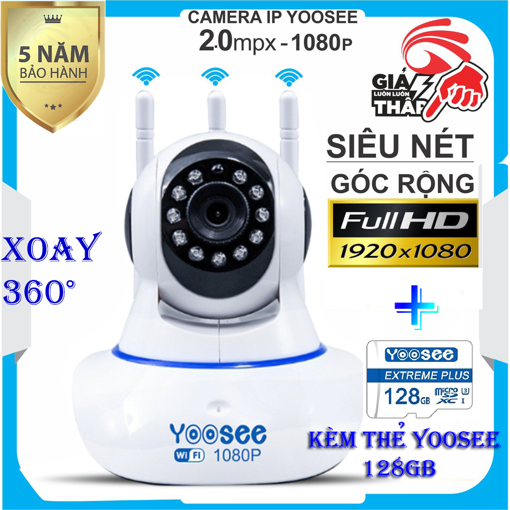 [KÈM thẻ nhớ Cty CHUẨN 128 GB BẢO HÀNH 5 Năm] Camera IP Wifi Yoosee 3 Râu 2.0 MP FULL HD , xoay 360 độ , CAMERA Không Dây Phiên Bản 2019 , Tích hợp cảm biến hồng ngoại , ghi âm giọng nói , lưu trữ video