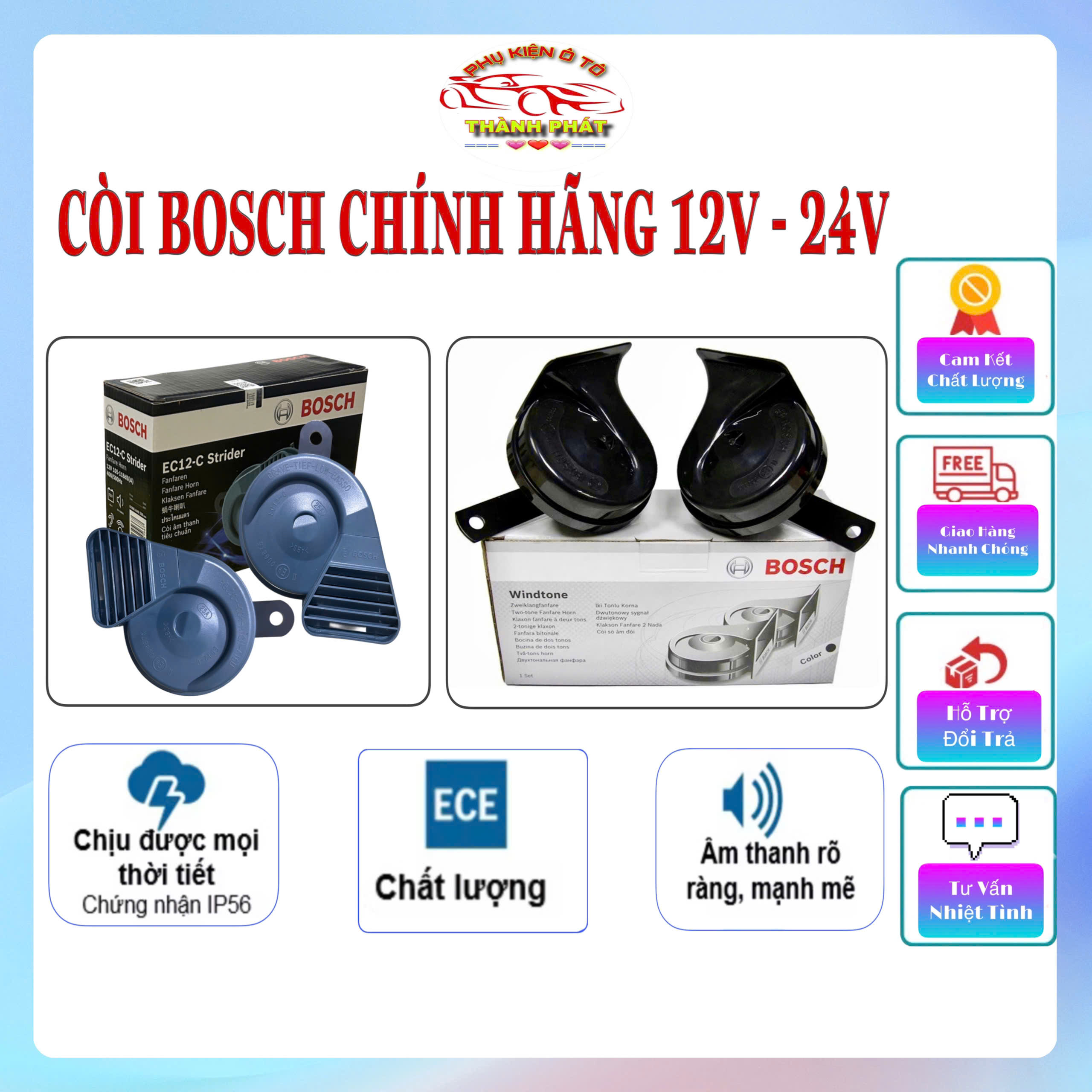 [TẶNG KÈM 4 GIẮC]Còi sên ô tô 12V và 24V BOSCH chính hãng cho xe hơi xe tải xe khách - Kèn Bosch kháng nước công nghệ Đức đạt chuẩn ECE