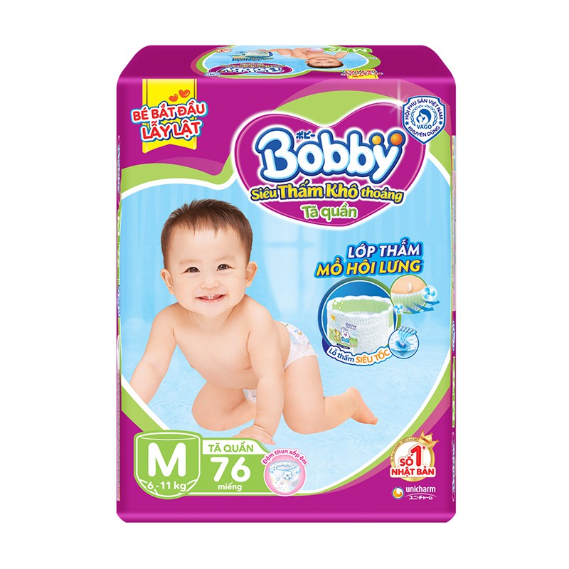 Bỉm / tã quần bobby size m cho bé 6 - 11 kg đệm lưng thấm mồ hôi - loại 18/42/76 miếng