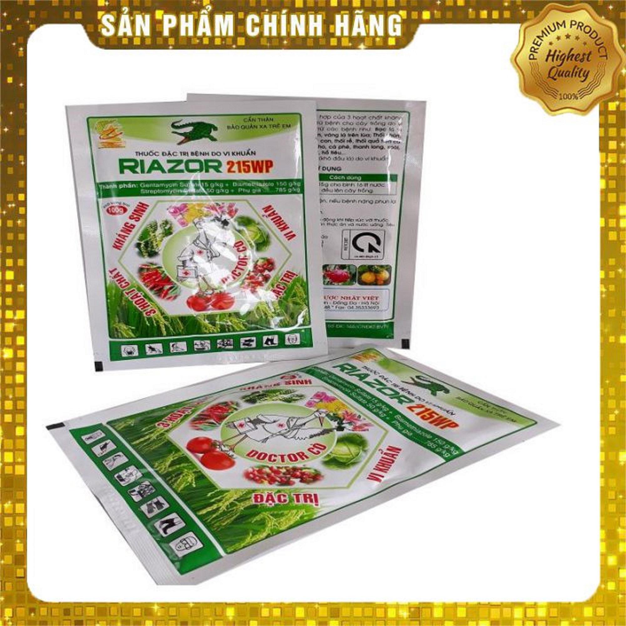 Thuoc trừ bệnh Riazor 215WP (100g) phòng trừ các bệnh trên cây trồng: Bạc lá vi khuẩn, cháy bìa lá, đốm sọc vi khuẩn, vàng lá, thối nhũn, thối củ,héo xanh, thối thân, thối quả
