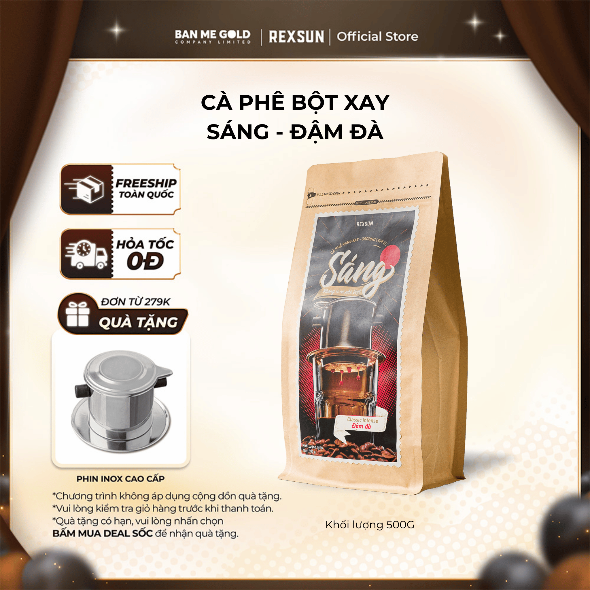   TẶNG TÚI CANVAS  Cà Phê Gu Đắng Đậm Đà - 100% ROBUSTA & ARABICA - 250g 500g - Cafe Rang Xay Nguyên Chất Ban Me Gold - REXSUN 