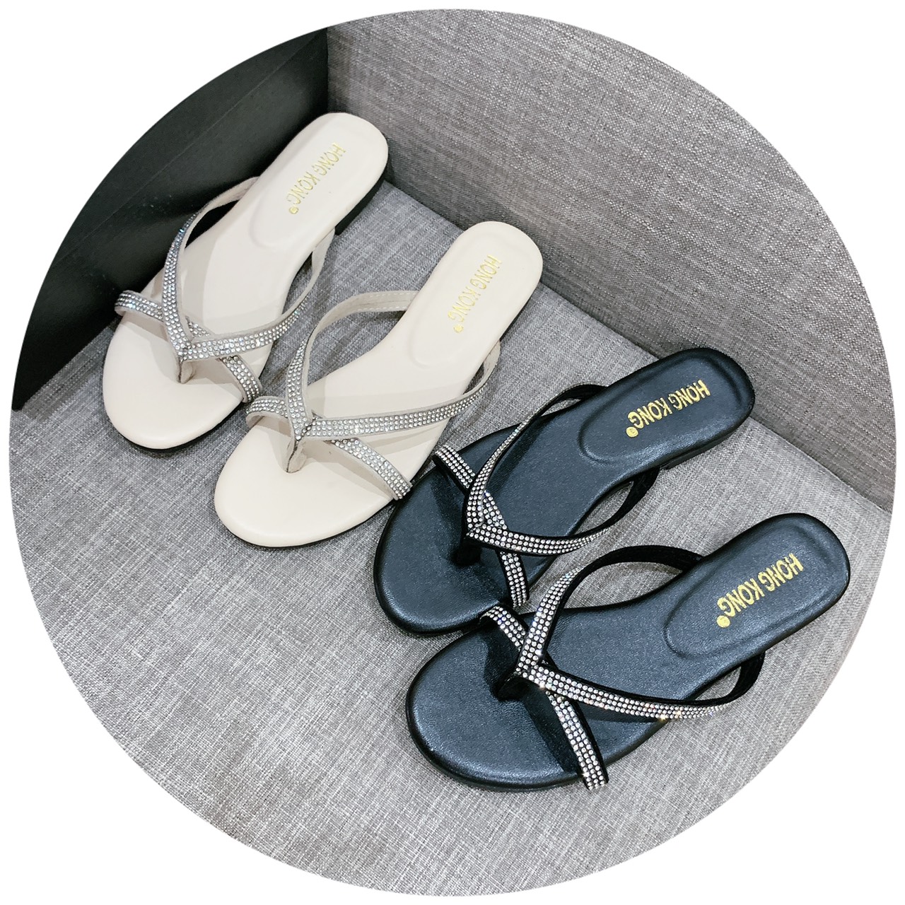 Dép Nữ Xỏ Ngón Đính Đá Phối Quai Ngang | Thời Trang Hè L3