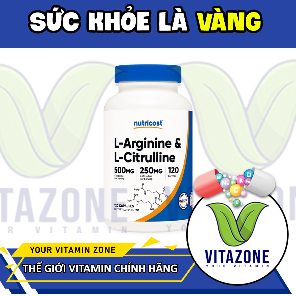 Nutricost L-Arginine 500mg L-Citrulline 250MG - Cải thiện lưu thông máu, hỗ trợ bơm cơ bắp (120 Viên)