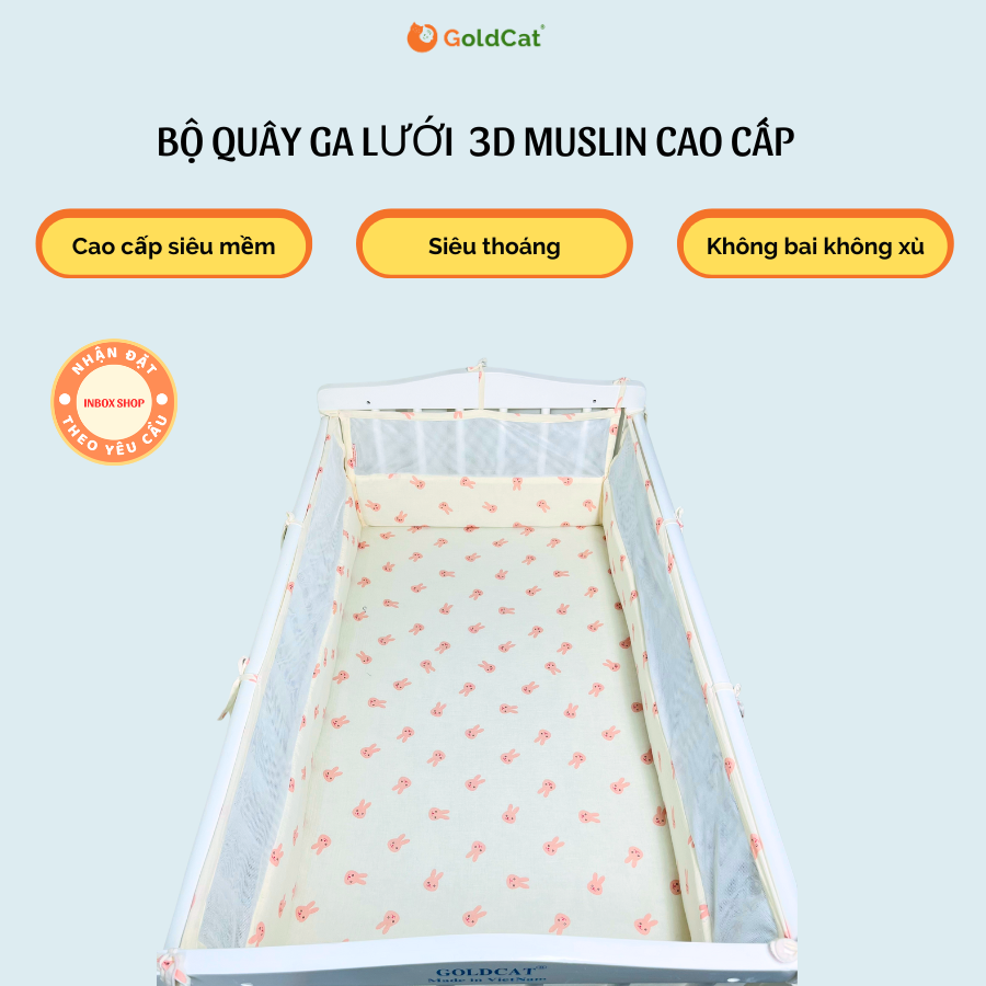 Quây cũi lưới 3D kèm ga chun bọc đệm cotton mịn thương hiệu GOLDCAT
