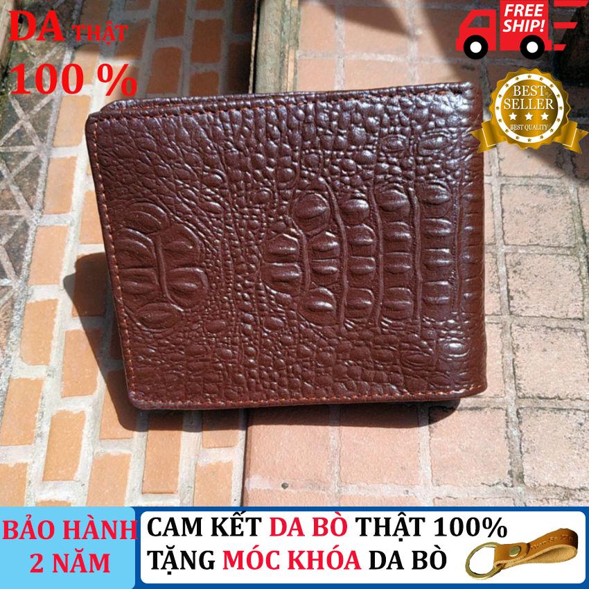 Ví nam da bò dập vân cá sấu, bóp da bò nam vân cá sấu, ví ngang, ví da nam cam kết chất liệu da bò thật, tặng móc khóa da bò [Bảo hành 24 tháng bởi Làng Đồ Da]