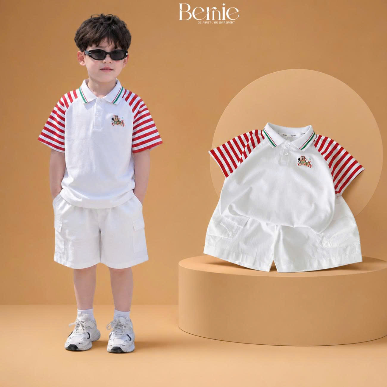 Set polo thêu ngựa áo tay ngắn raplang kẻ sọc kèm quần short kaki bé trai 11đến 28kg BERNIE H0226B35