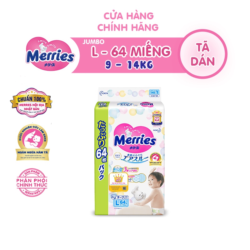 Tã/bỉm dán merries jumbo size l - 64 miếng