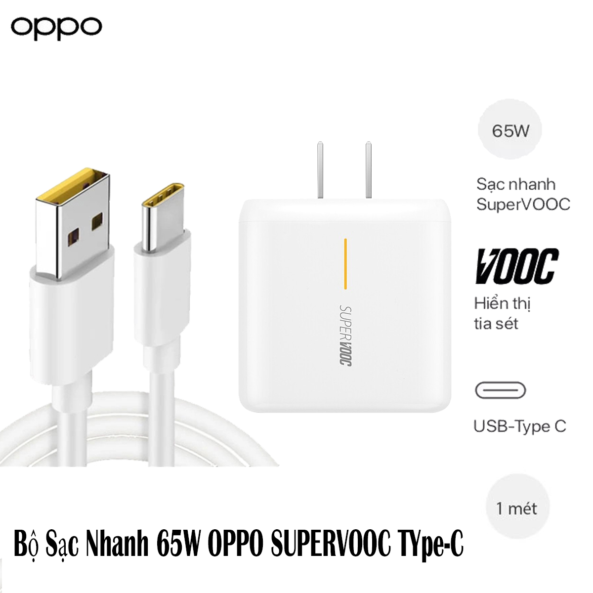 Bộ sạc có dây type-c 65w oppo supervooc - bộ sạc nhanh cho điện thoại, cục sạc và dây sạc type-c - sạc nhanh type-c cho điện thoại android chính hãng oppo