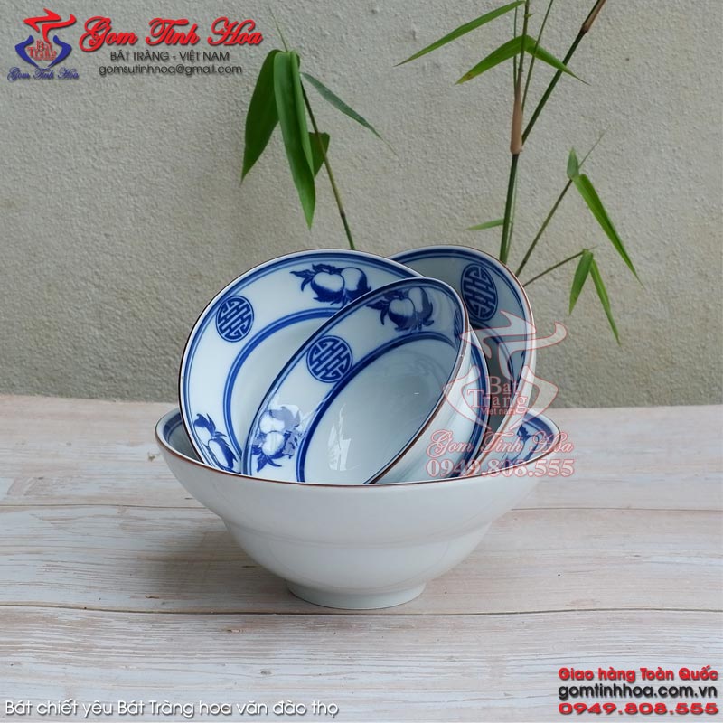 Bát chiết yêu Bát Tràng men lam cổ hoa văn Đào Thọ