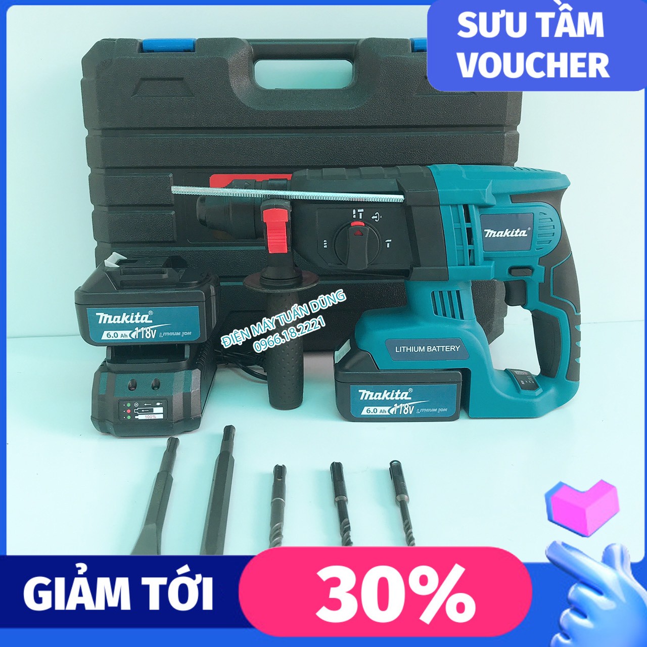 Máy khoan đục bê tông KHÔNG CHỔI THAN Makita 118V, 2 Pin 6.0Ah - KÈM 5 MŨI KHOAN VÀ ĐỤC