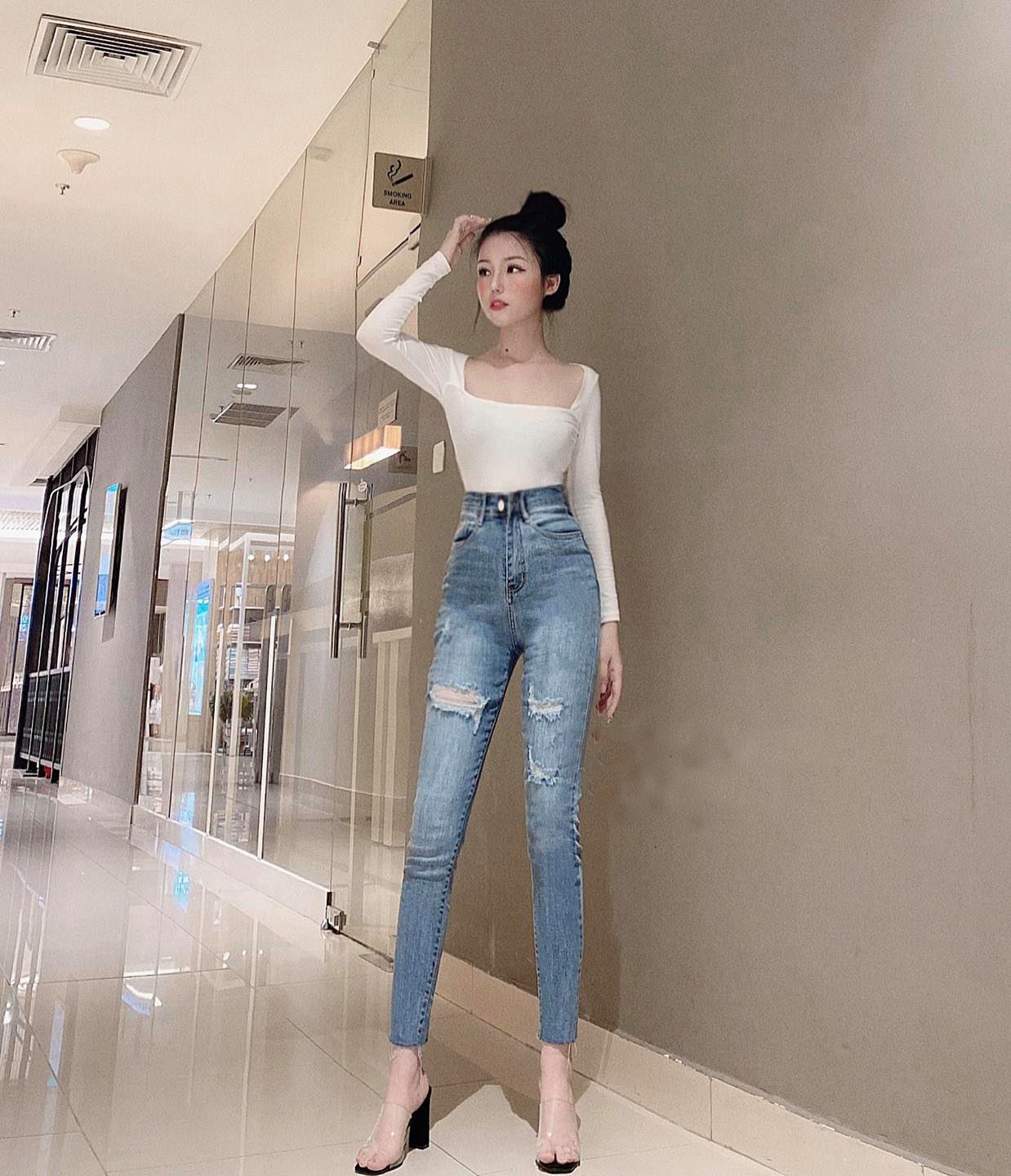 Quần Jean cạp siêu cao chất liệu jean co giãn không xù không phai màu