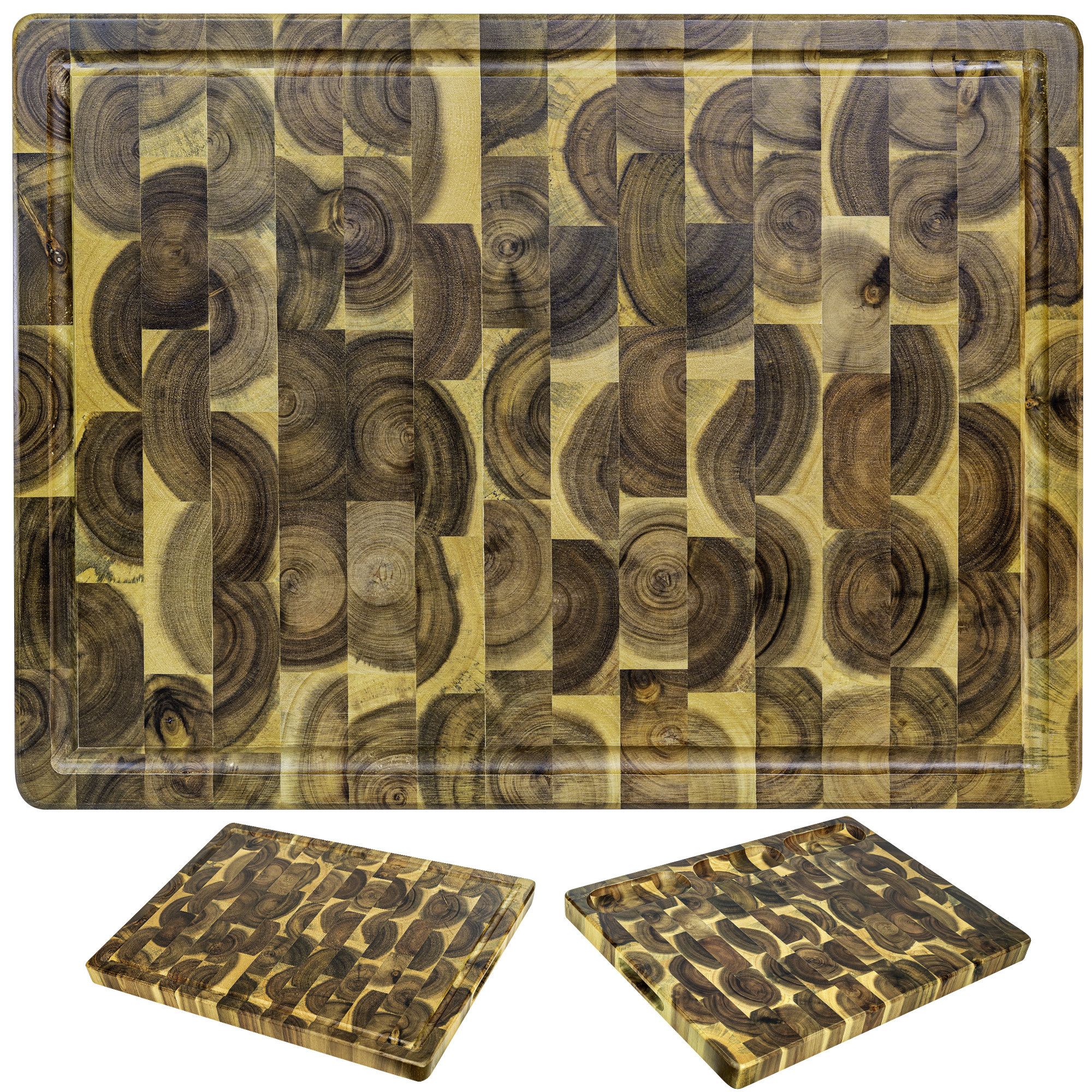 THỚT GỖ SỚ LẬT TO VÀ DÀY - Hình chữ nhật KT 41x31x3.8cm CÓ RÃNH THU NƯỚC & GOM THÀNH PHẨM VÀ LỖ TAY CẦM 2 BÊN