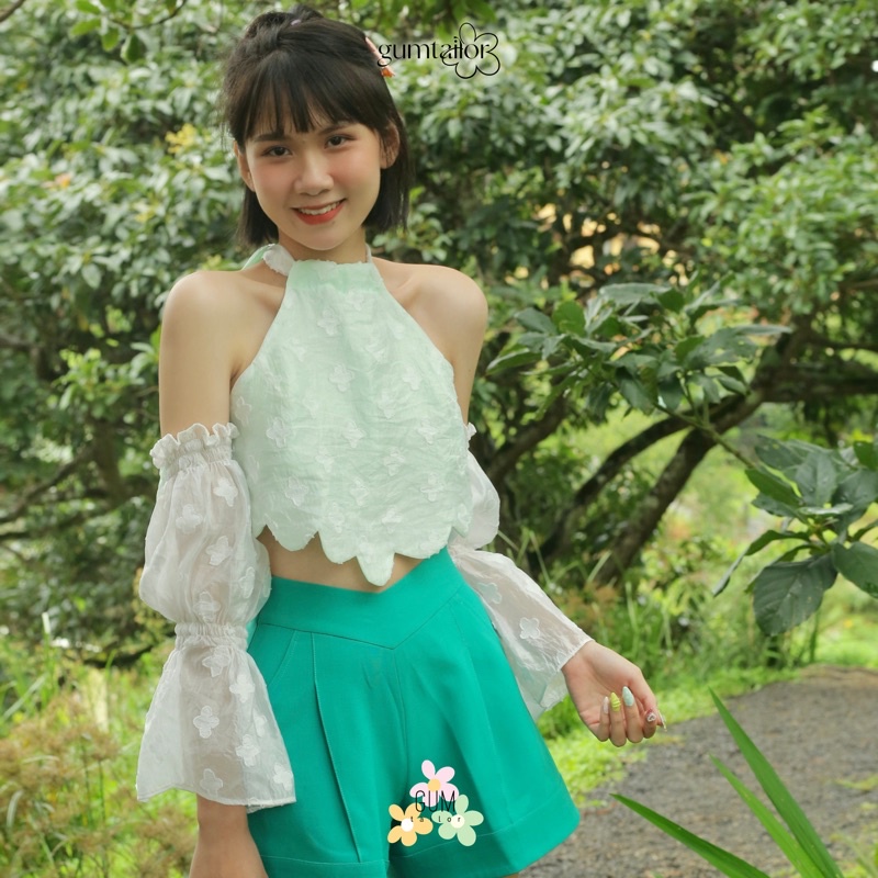Áo yếm cột nơ tay phồng tơ thêu hoa hai lớp Lalia Top By Gum Tailor