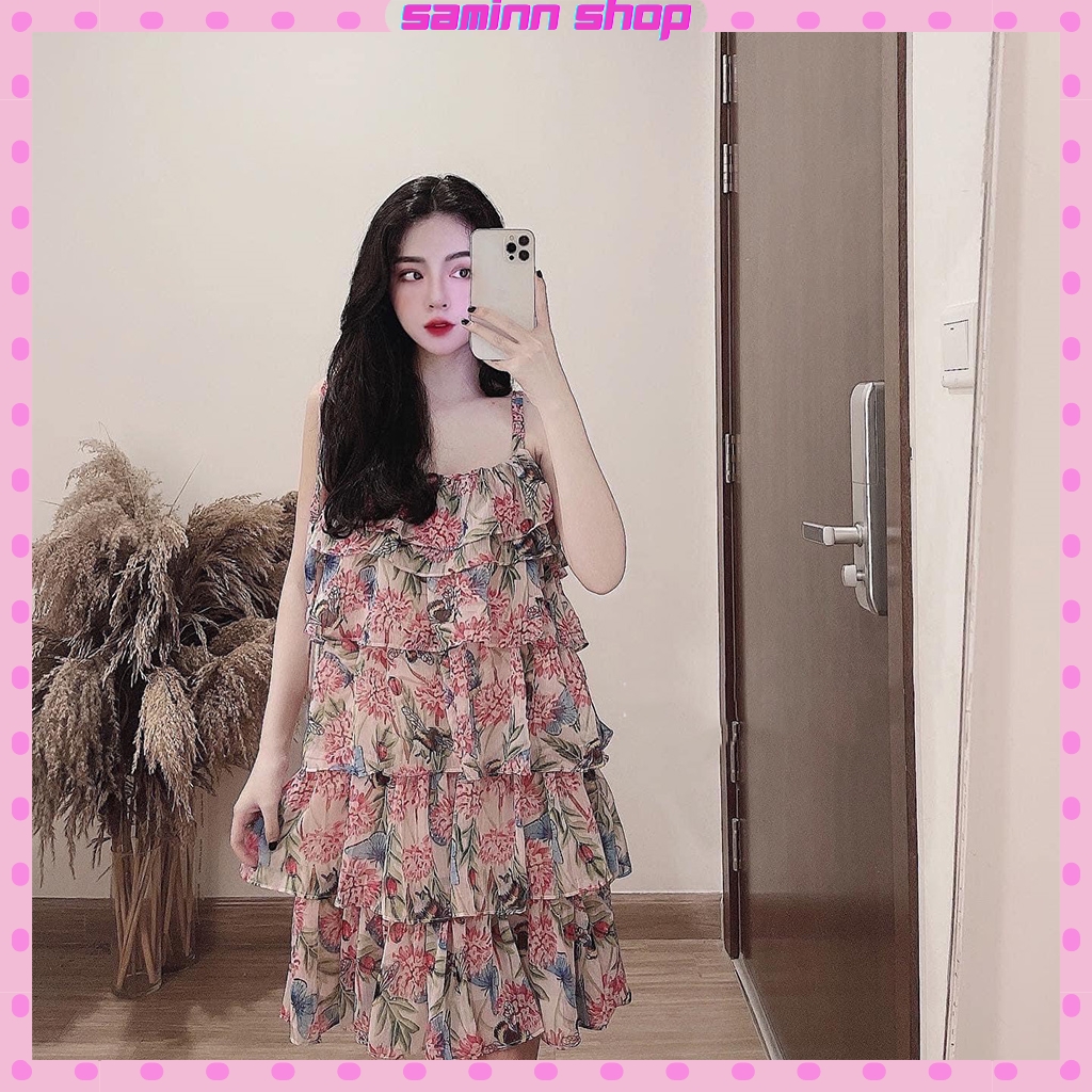 Đầm hoa nhí vintage 2 dây dáng dài trễ vai, đầm nữ đẹp đầm dáng xòe giá rẻ nhất đi chơi hot trend SS32