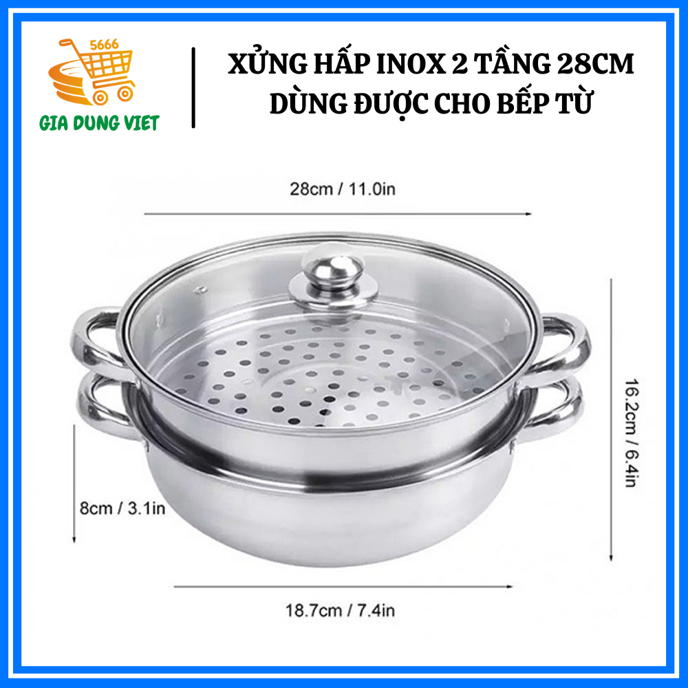 Bộ xửng hấp 2 tầng 28cm, nồi hấp 2 tầng inox - -nồi dùng được bếp từ - vung kính tiện dụng, chất liệu inox 304 cao cấp, nồi hấp inox 2 tầng đa năng - nồi hấp kiêm nấu lẩu