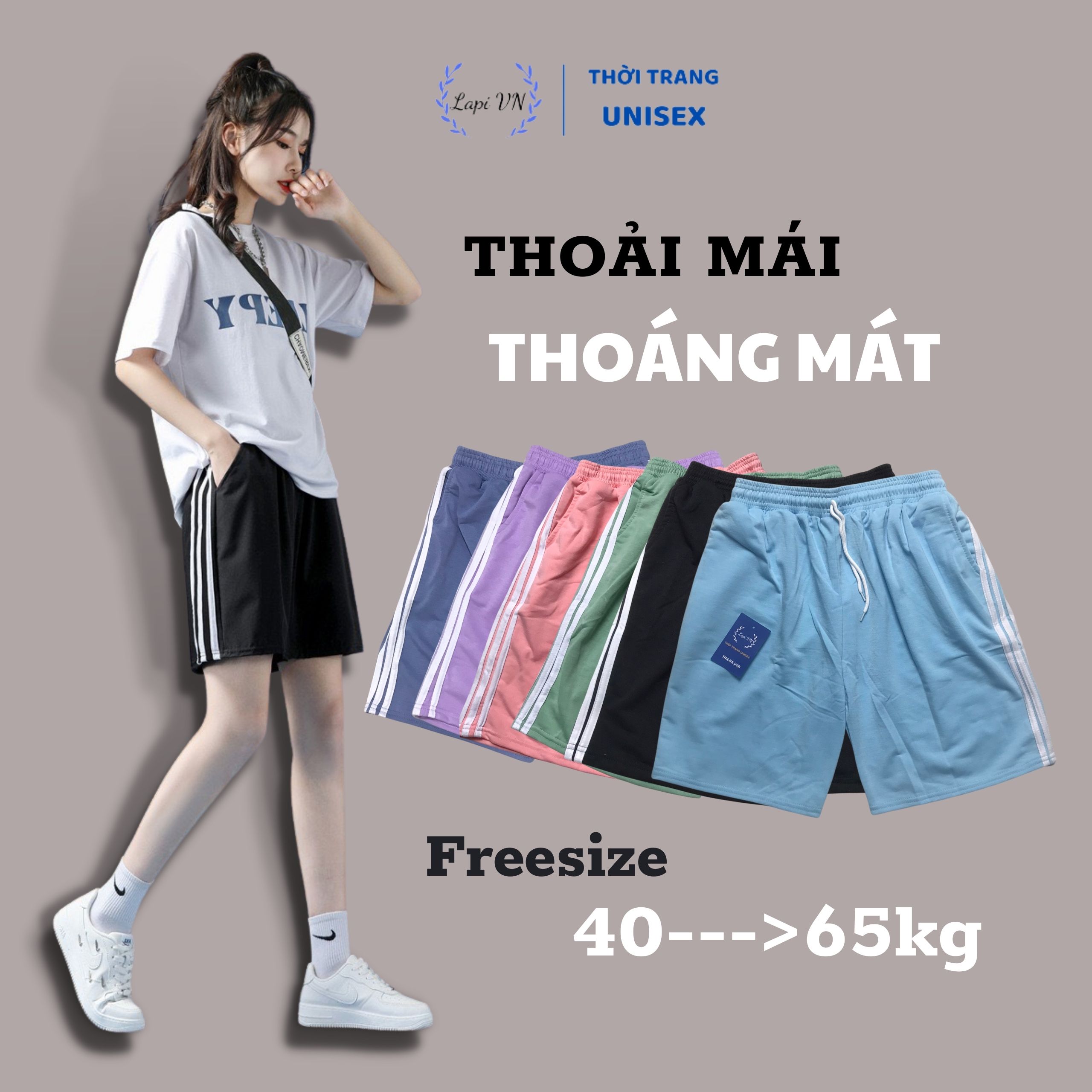 [HCM]Quần Short Lửng 3 Sọc Unisex Nam Nữ Lapi VN Freesize Đến 75kg Chất Thun Dày Dặn Có Dây Rút Quần Đùi 3 Line Phối Màu