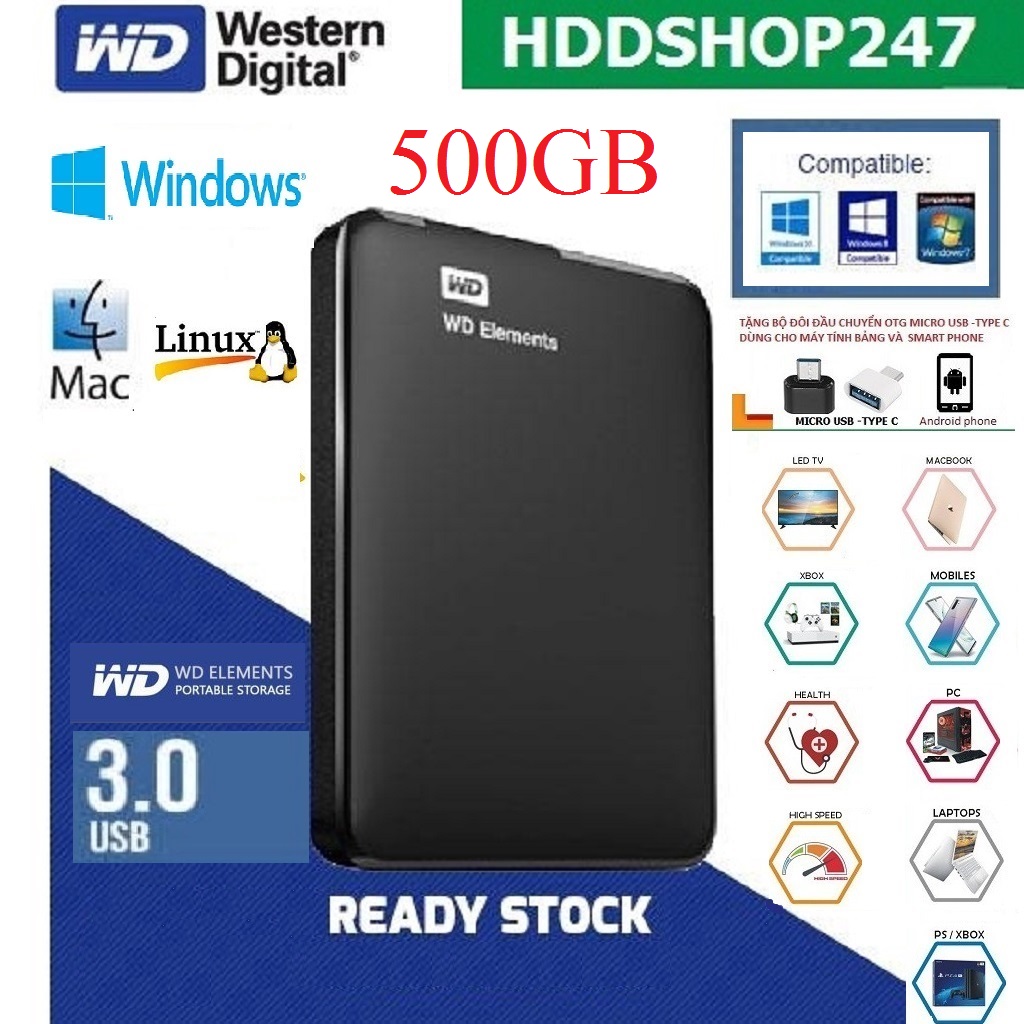 [HCM]Ổ CỨNG DI ĐỘNG WD ELEMENT/WD MY PASSPORT 500GB CHO LAPTOP,MACBOOK BH 24 THÁNG