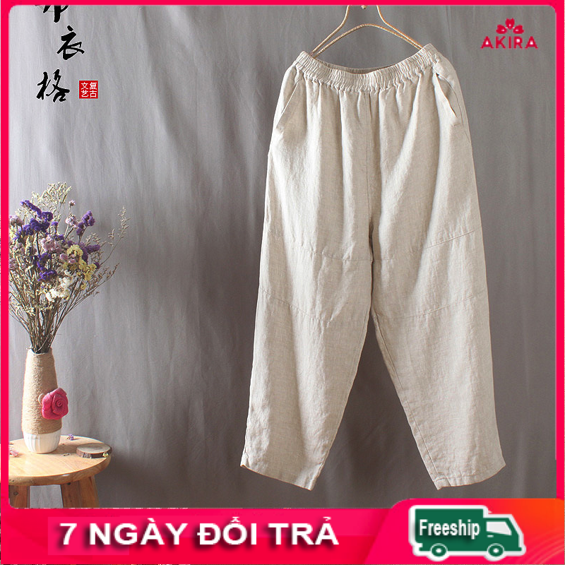 Quần dài nữ trung niên lưng thun vải Linen trơn cao cấp - Quần Linen Nữ Dài Lưng Thun Form Rộng - Thời Trang Phong Cách Nhật - Morigirl Vintage