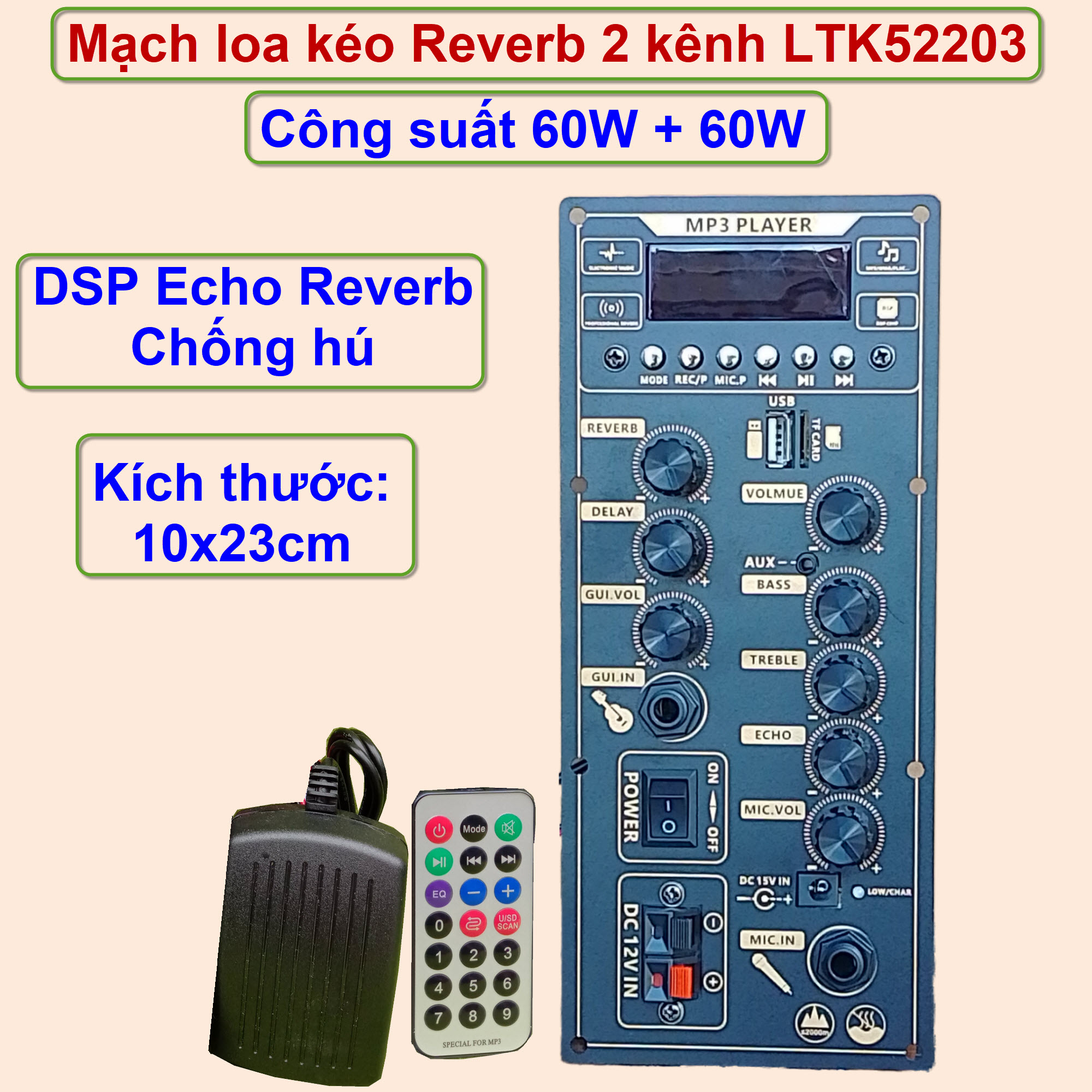 Mạch loa kéo REVERB 2 kênh riêng biệt LTK52203 công suất 60W + 60W