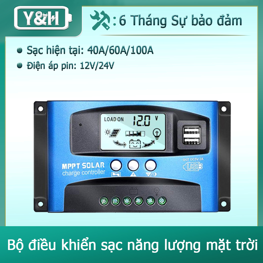 Y&H MPPT 40A/60A/100A 12V/24V Theo Dõi Lấy Nét Tự Động Bộ Điều Khiển Sạc Pin Mặt Trời Với Cổng USB Kép, Màn Hình LCD, Model:Wanderer BL912 (Màu Xanh)