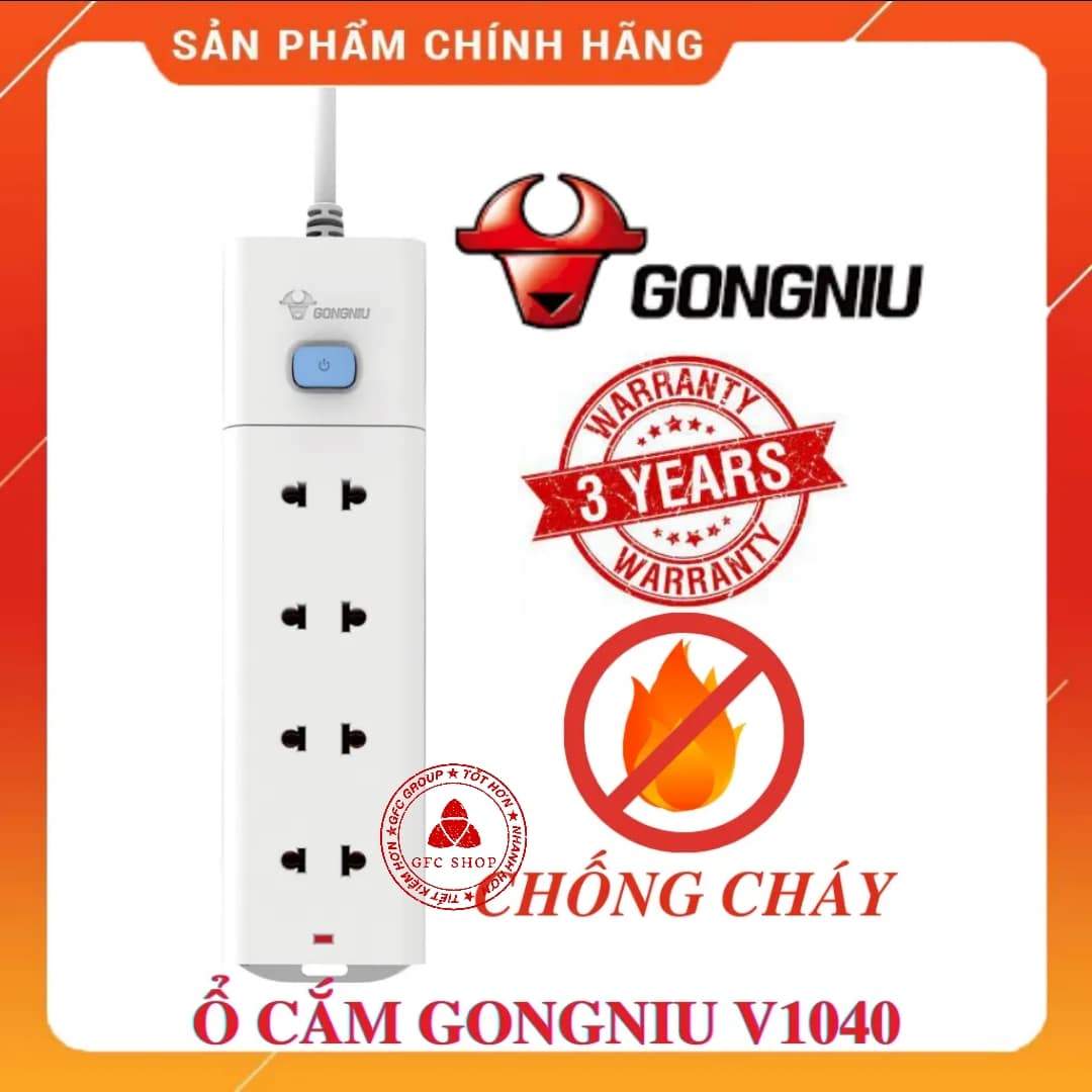 Ổ cắm điện gongniu v1040 4 ổ 1 công tắc - dây 3m hoặc 5m - 2500w – trắng
