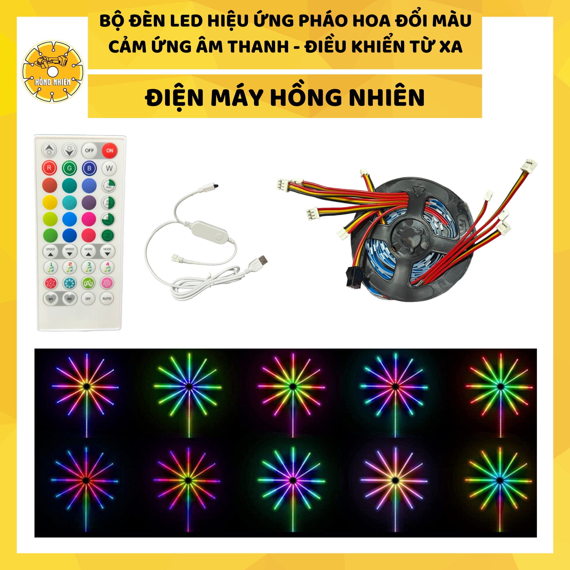 Bộ đèn led hiệu ứng pháo hoa đổi màu cảm ứng âm thanh - điều khiển từ xa - máy xây dựng hồng nhiên - đèn led - pháo hoa