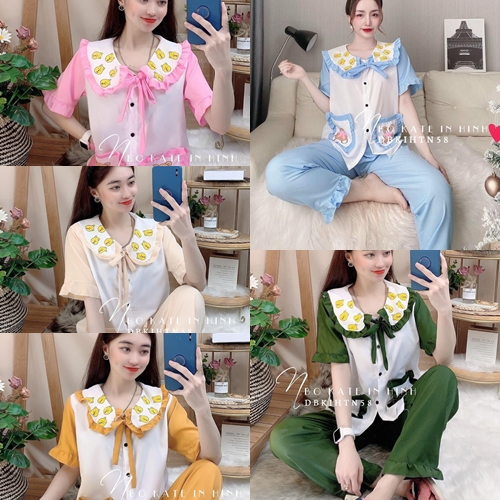 Bộ đồ nữ mẫu tay ngắn vải kate lụa mềm họa tiết trơn phối màu đủ màu xinh xắn form dưới 57kg