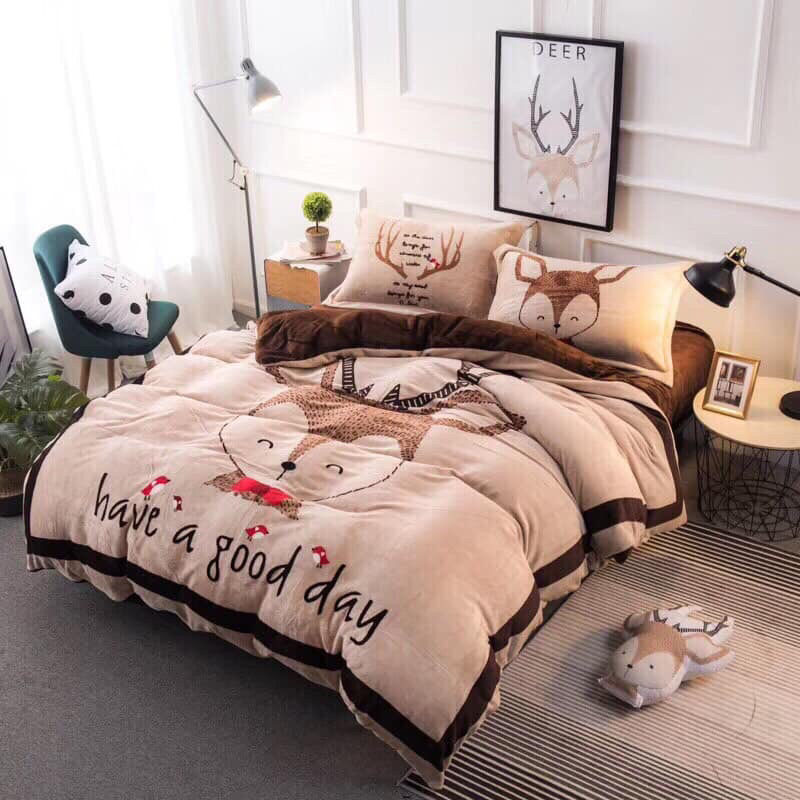 Bộ chăn ga gối nỉ nhung 5d Cao cấp hình hươu nâu